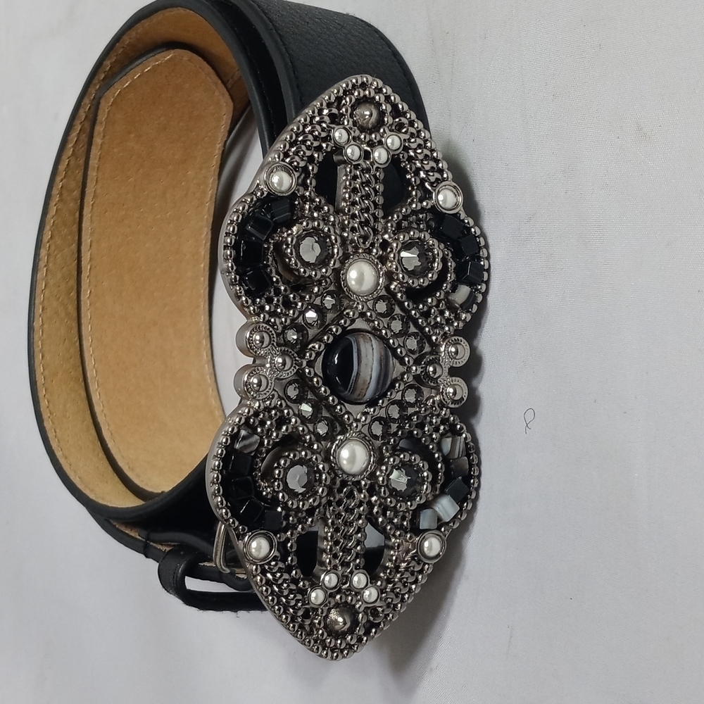 LEATHER Rock Black Rhinestones‎ Buckle Signature Belt